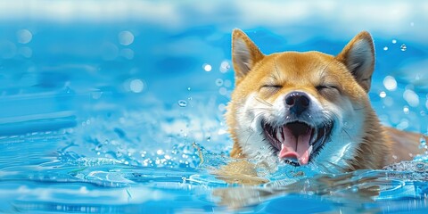 Adorable fluffy shiba inu doge swimming in the pool