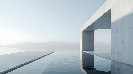 Tranquil Minimalist Infinity Pool with Serene Concrete Architecture and Scenic Reflection