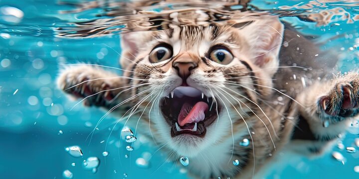 Adorable fluffy kitty cat swimming in the pool