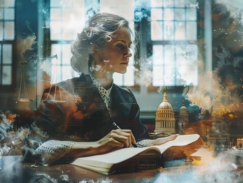 A paralegal attending a court session taking notes focus on courtroom, legal theme, surreal, double exposure, courtroom backdrop