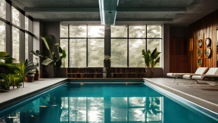 pool with a modern and luxurious design. The space is characterized by large floor-to-ceiling...
