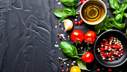 A variety of fresh ingredients spread out on a dark surface. red tomatoes, green basil leaves, sprigs of rosemary, peppers of different colors, half a lemon with visible seeds and a small bowl of oliv - Powered by Adobe