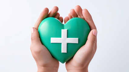 a pair of hands holding a green heart with a white plus on it. The background is plain and white. This image can be related to health care, medical care