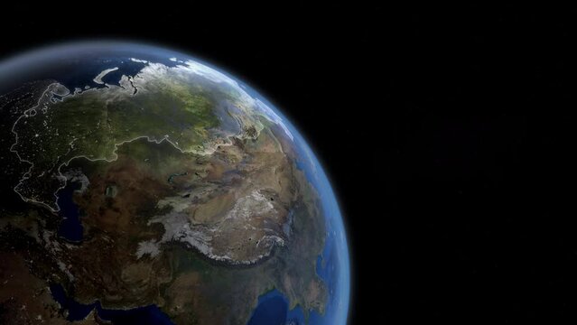 Fly Zoom into Russia, Moscow, Saint Petersburg, through space to see the country map region from above from space. Detailed map Showing area, HD and 4K. Animation.