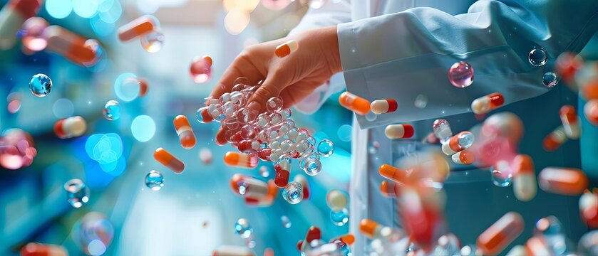 A pharmacist attending a professional conference on new drug developments close up, education theme, vibrant, composite, conference center backdrop