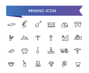 Mining icon collection. Related to minerals, gold, pickaxe, miner, excavator, diamond, coal wagon, jackhammer and gold panning icons.