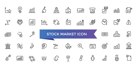 Stock market icon collection. Related to stocks, stock exchange, financial goal, shares, investment, bull market, bear market and investment icons.