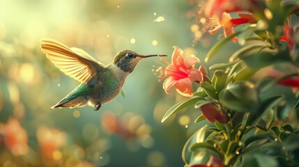 A hummingbird is flying over a flower garden