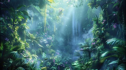 Fototapeta premium Mystical rainforest landscape, epic, beautiful, colorful, fantasy magical, digital style. Generative AI.