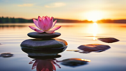 A pink lotus flower rests on a stack of smooth stones. It sits on a calm water surface where the sun rises and sets. The theme evokes a feeling of calm and tranquility, meditation and relaxation.