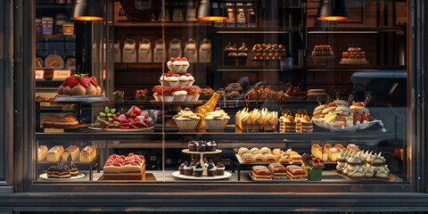 Baked pastry item on glass shelfs fully neat and healthy environment 