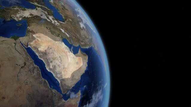 Fly Zoom into Saudi Arabia, Riyadh, Jeddah, Middle East, through space to see the country map region from above from space. Detailed map Showing area, HD and 4K. Animation.