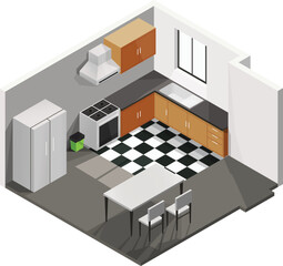 Fototapeta premium Isometric kitchen vector illustration with kitchen appliances, table and chairs