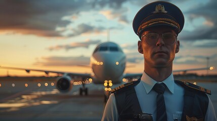 A pilot conducting a preflight inspection of an aircraft focus on safety, inspection theme, vibrant, composite, airport tarmac backdrop