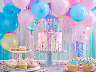 Colorful birthday party with cake, cupcakes, balloons, and streamers.