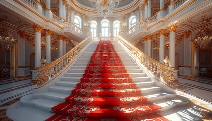 Grand staircase with red carpet in a luxurious palace interior.