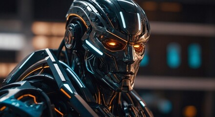 A robot with glowing eyes and a glowing orange glow