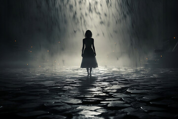 A lonely girl in a dark night