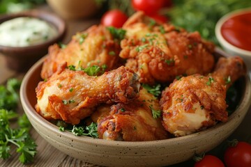 Fototapeta premium Fried Chicken - Crispy golden-brown fried chicken pieces. 