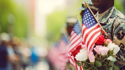 Blossoms of Remembrance: Soldiers in Memorial Day Parade Holding Vibrant Flowers with Copy Space