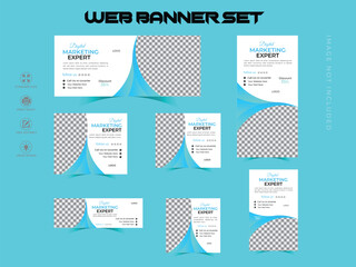 Branding and marketing agency web set banner design, of different sizes with diagonal red elements and a place for photos.