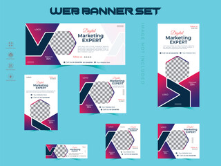 Branding and marketing agency web set banner design, of different sizes with diagonal red elements and a place for photos.