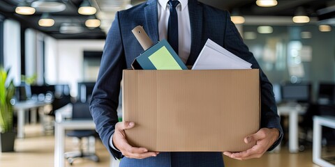 executive holding box full of office items getting fired 