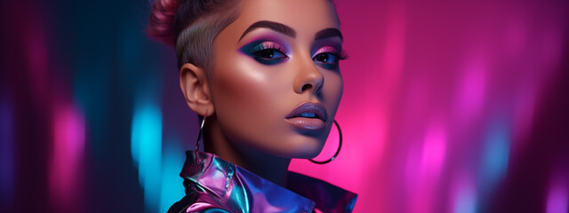 Fototapeta premium Modern Glamour Woman with Vibrant Makeup and Shaved Side Hairstyle