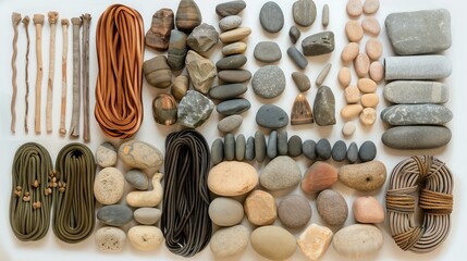 A beautifully organized collection of natural materials, like stones and ropes, enhances kinesitherapy.