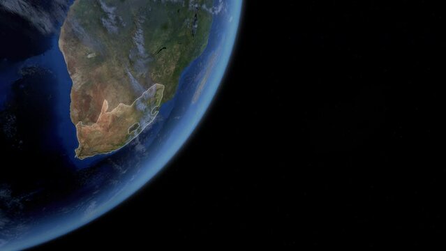 Fly Zoom into South Africa, Pretoria, Cape Town, Durban, johannesburg, Cape Town, through space to see the country map region from above from space. Detailed map Showing area, HD and 4K. Animation.