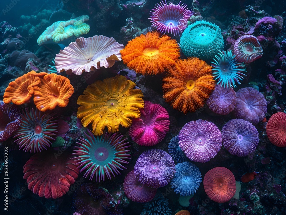 Wall mural AI generated illustration of vibrant reef with diverse sea anemones and sea urchins