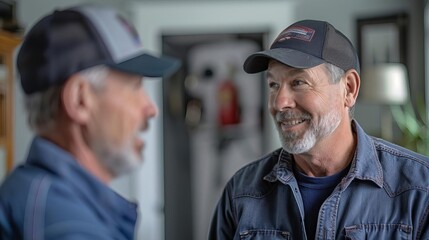 A plumber explaining plumbing maintenance tips to a homeowner close up, education theme, dynamic, double exposure, living room backdrop
