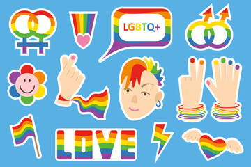 Set of LGBT stickers on blue background with rainbow symbols, gender marks. Symbols of LGBTQ community. Flat retro style illustration. Conceptual symbols of sexual orientation.