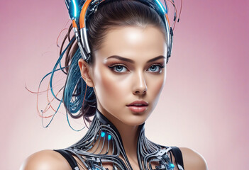 Abstract futuristic woman with a robotic android fused together, set against a colorful and futuristic generative AI background in vector illustration