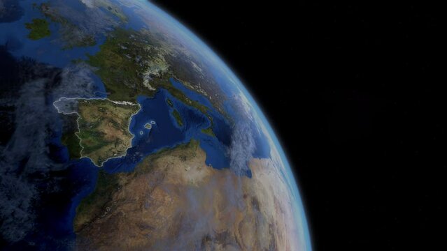 Fly Zoom into Spain, Madrid, Barcelona, through space to see the country map region from above from space. Detailed map Showing area, HD and 4K. Animation.