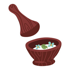 Mortar and pestle filled with fragrant salt with delicate flowers. Wooden mortar and pestle, a traditional tool used to grind spices and herbs. Natural, environmentally friendly product, made at home