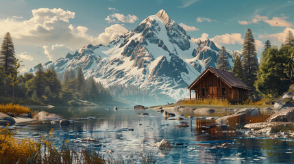 Fototapeta premium wooden cabin by a tranquil riverside with a stunning view of snow-capped mountains in the background, surrounded by lush greenery and trees under a partly cloudy sky