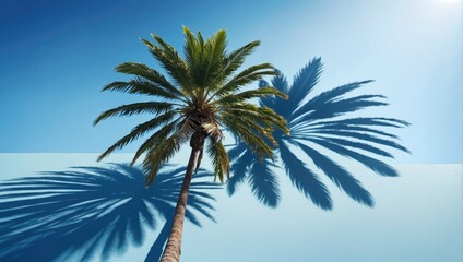 Summer concept. Palm tree shadow on a blue  background.