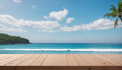 Fototapeta premium Ocean-inspired wooden countertop with serene seascape background for eco-friendly product presentation