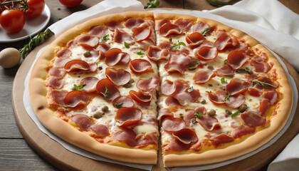 Savory Italian pie topped with gooey mozzarella, crispy bacon, and sliced tomatoes on a rustic wooden board