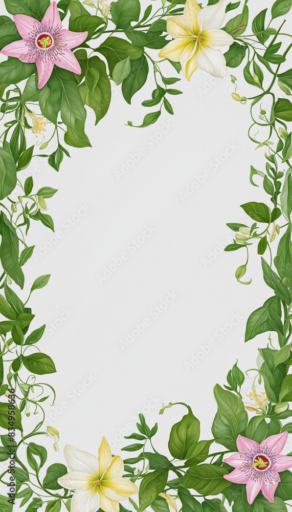 Poster isolated botanical design featuring winding passionflower vines as a transparent frame border with p