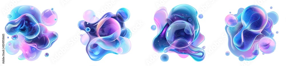 Poster set of 3d iridescent holographic fluid shape blob with colorful gradients elements design, isolated 