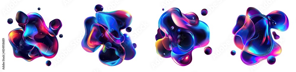 Poster set of 3d iridescent holographic fluid shape blob with dark color gradients elements design, isolate