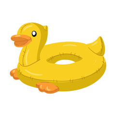 A swimming circle in the form of a yellow duck with big round eyes, a bright orange beak and a cute tail. This float duck is perfect for a summer themed pool party. Isolated vector illustration