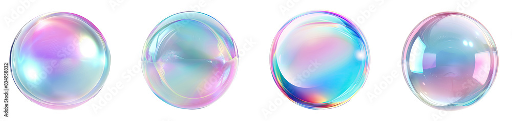 Poster set of 3d circle shape iridescent holographic bubble with gradient color pastel elements design, iso