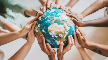 Multiple hands of diverse skin tones coming together to hold Earth globe, symbolizing unity, diversity, global cooperation and politics, Earth protection, world peace, ecology. Earth day. Copy space