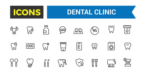 Dental clinic icon set. Outline icons pack. Editable vector icon and illustration.