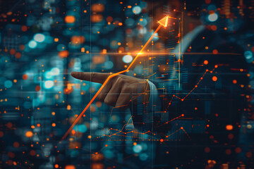 businessman hand pointing. double exposure image with financial graph analysis data. Directing towards success
