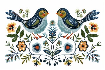 Obraz premium Scandinavian folk embroidery design featuring two colorful birds, intricate leaves, and flowers
