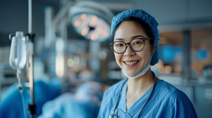 Portrait of an Asian female surgeon doctor wearing surgical gown smiling and working in an operating room in a hospital